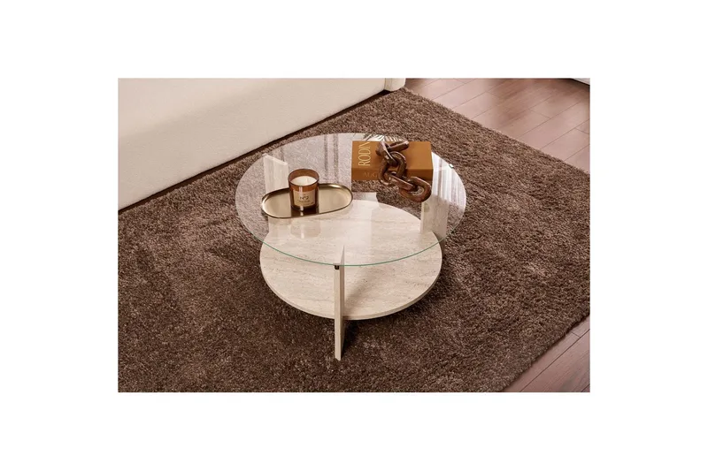 Sofabord Clara 75 cm med Glasplade - Travertin / Transparent - Møbler - Borde - Sofabord