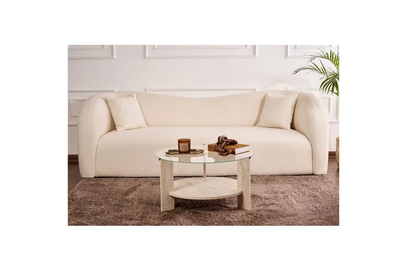 Sofabord Clara 75 cm med Glasplade - Travertin / Transparent - Møbler - Borde - Sofabord