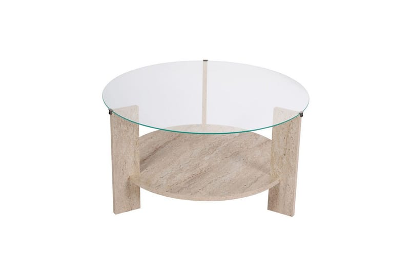 Sofabord Clara 75 cm med Glasplade, Travertin / Transparent