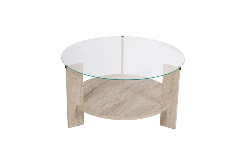 Sofabord Clara 75 cm med Glasplade, Travertin / Transparent