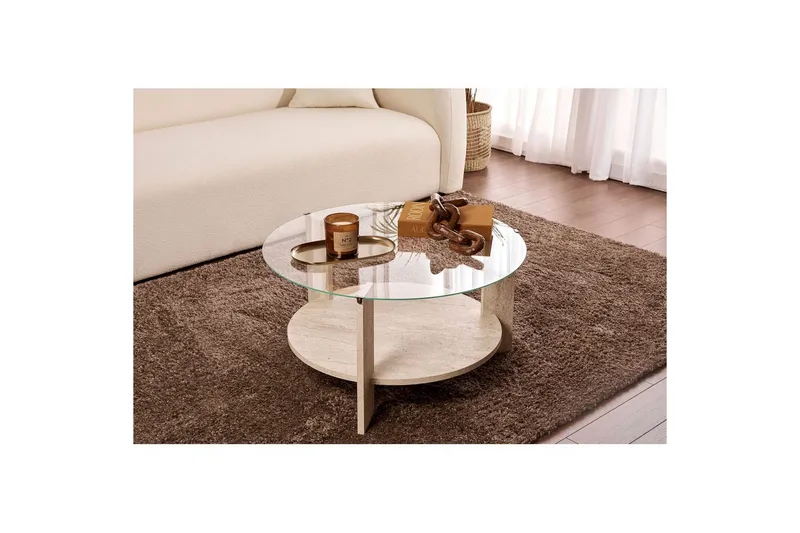 Sofabord Clara 75 cm med Glasplade - Travertin / Transparent - Møbler - Borde - Sofabord