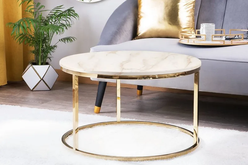 Coralla Sofabord 70 cm Rundt Marmormønster, Hvid/Guld