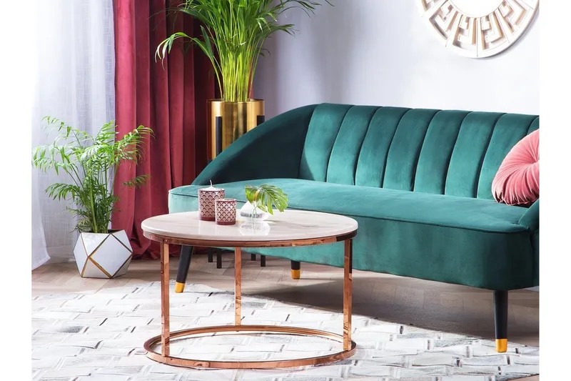 Coralla Sofabord 70 cm Rundt Marmormønster, Hvid/Kobber