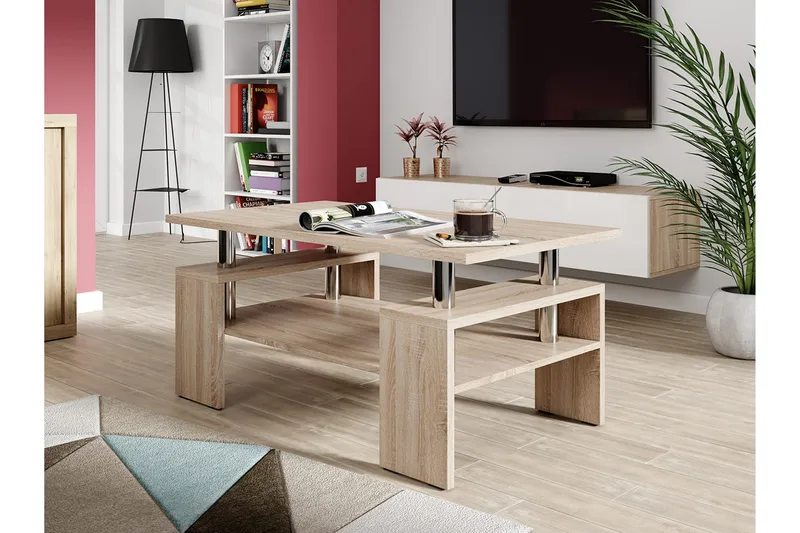 Cubeia Sofabord 110 cm med Opbevaring Hylder - Egefarvet/Krom - Møbler - Borde - Sofabord