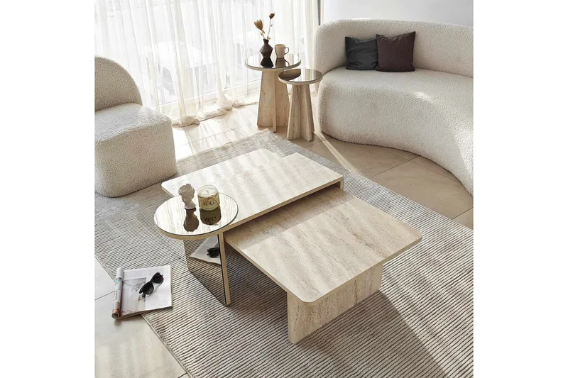 Dasina 105 cm Rektangulært Sofabord i Træ med Forskudte Plader - Beige - Møbler - Borde - Sofabord