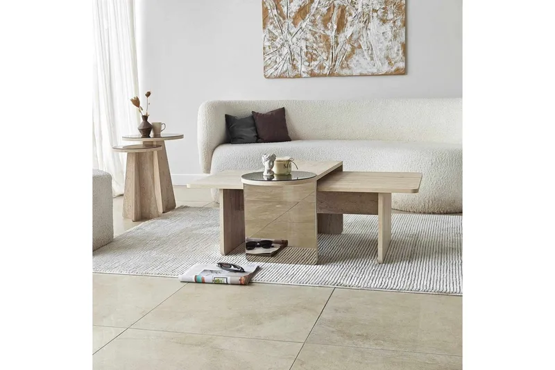 Dasina 105 cm Rektangulært Sofabord i Træ med Forskudte Plader - Beige - Møbler - Borde - Sofabord