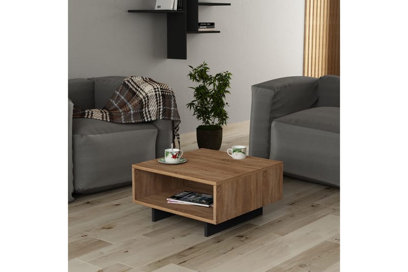 Decorta Sofabord 60 cm med Opbevaring Hylde - Egefarvet/Mørkegrå - Sofabord