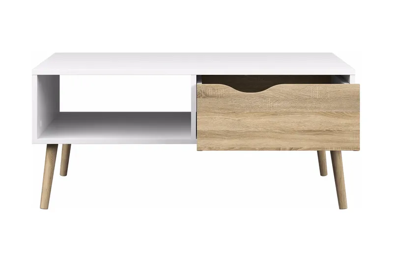 Delta Sofabord 99 cm med Opbevaring Skuffe + Hylde - Hvid/Egefarvet - Møbler - Borde - Sofabord - Sofabord med opbevaring
