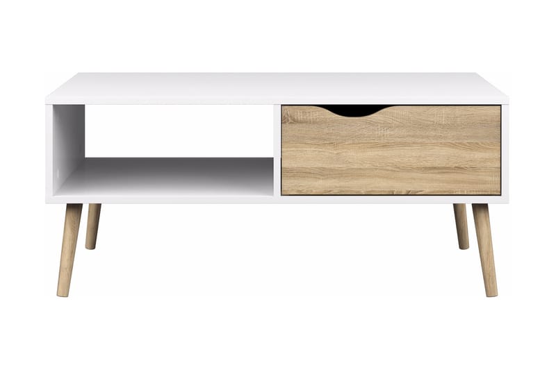 Delta Sofabord 99 cm med Opbevaring Skuffe + Hylde - Hvid/Egefarvet - Sofabord