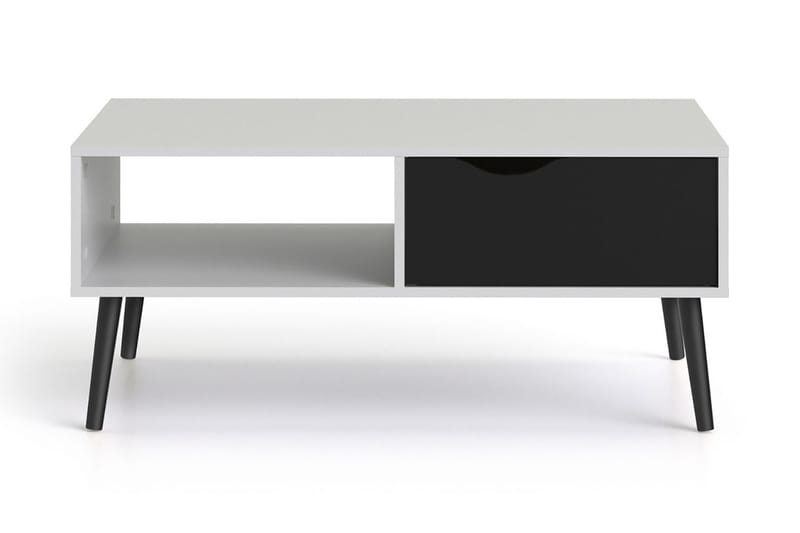 Delta Sofabord 99 cm med Opbevaring Skuffe + Hylde - Hvid/Sort - Sofabord - Semmenfoldeligt bord - Spejlbord - Sofabord med opbevaring - sofabord med hjul - Hæve sænke sofabord