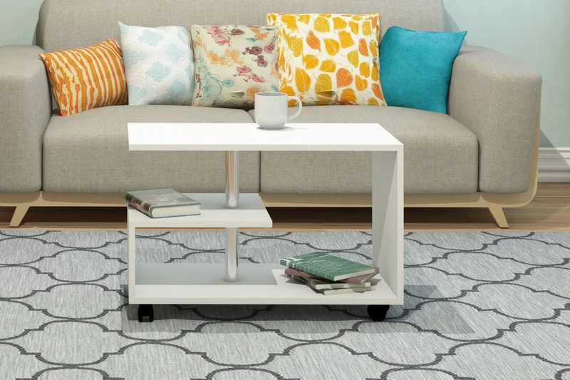 Elegancia Sofabord 80 cm med Opbevaring Hylde på Hjul - Hvid - Møbler - Borde - Sofabord