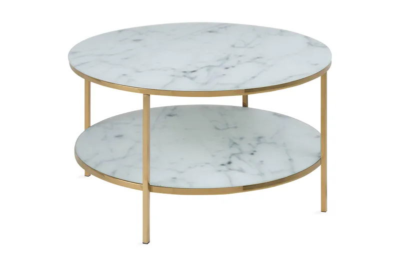 Epiffer Sofabord 80 cm Rundt med Opbevaring Hylde Marmormøns, Hvid/Guld
