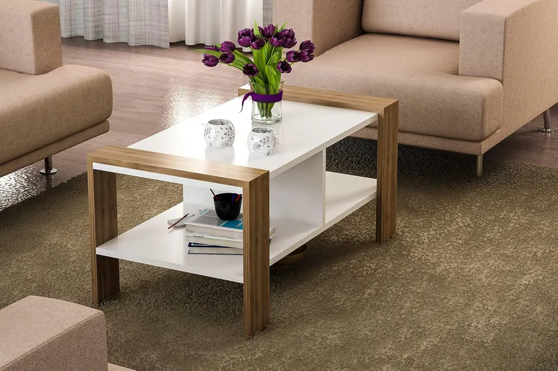 Ericanna Sofabord 90 cm med Opbevaring Hylde - Hvid/Valnøddebrun - Møbler - Borde - Sofabord