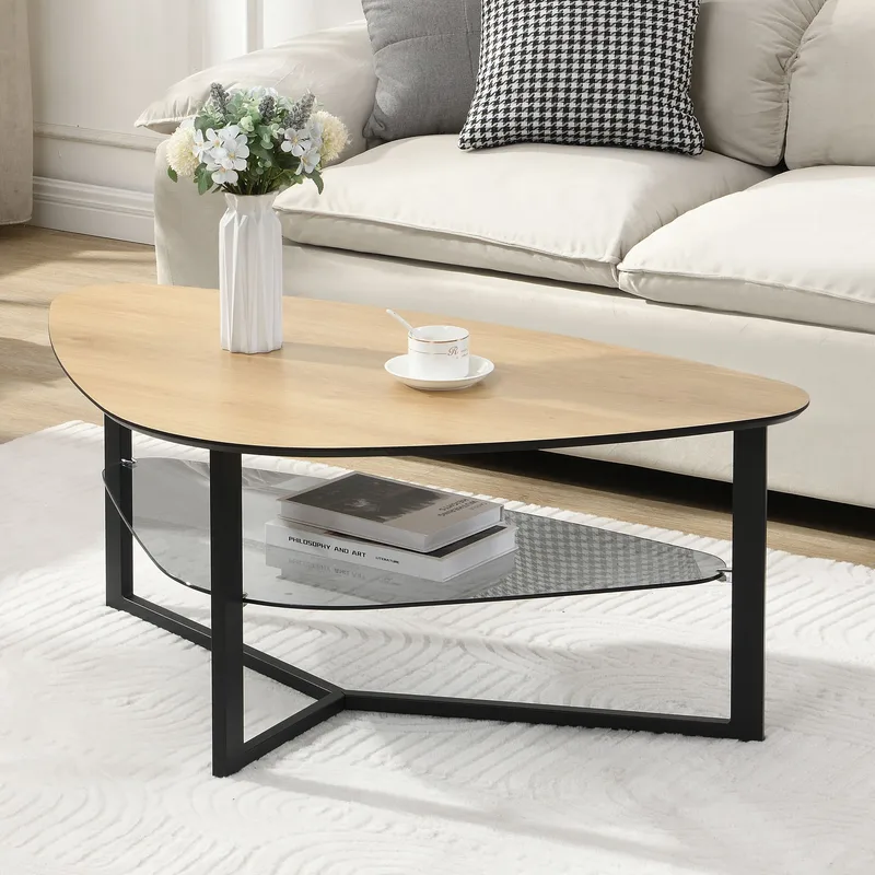 Erlona sofabord 110 cm nyreformet med egetræslook, glashylde og metalstel - egetrælook / sort - Møbler - Borde - Sofabord - Sofabord med opbevaring