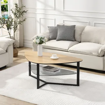 Erlona sofabord 110 cm nyreformet med egetræslook, glashylde og metalstel - egetrælook / sort - Møbler - Borde - Sofabord - Sofabord med opbevaring