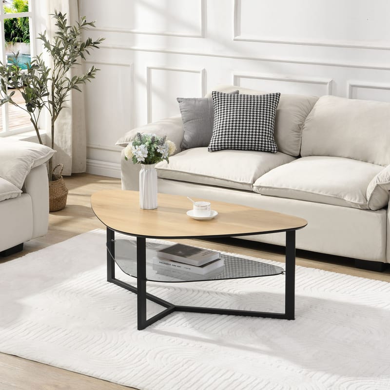 Erlona sofabord 110 cm nyreformet med egetræslook, glashylde og metalstel - egetrælook / sort - Møbler - Borde - Sofabord - Sofabord med opbevaring