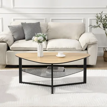 Erlona sofabord 110 cm nyreformet med egetræslook, glashylde og metalstel - egetrælook / sort - Møbler - Borde - Sofabord - Sofabord med opbevaring