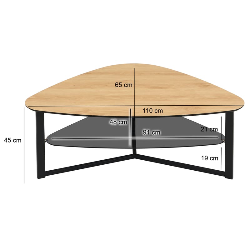Erlona sofabord 110 cm nyreformet med egetræslook, glashylde og metalstel - egetrælook / sort - Møbler - Borde - Sofabord - Sofabord med opbevaring
