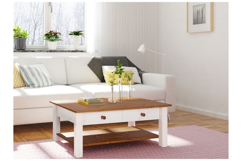Evonne Sofabord 100 cm med Opbevaring 2 Skuffer + Hylde - Hvid/Brun - Møbler - Borde - Sofabord