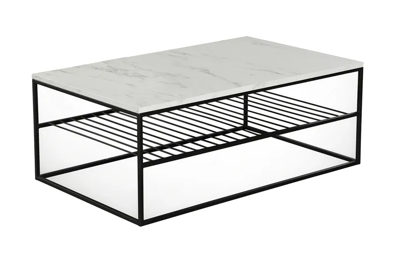 Falan Sofabord 95 cm med Opbevaring Hylde Marmormønster Ribb, Hvid/Sort
