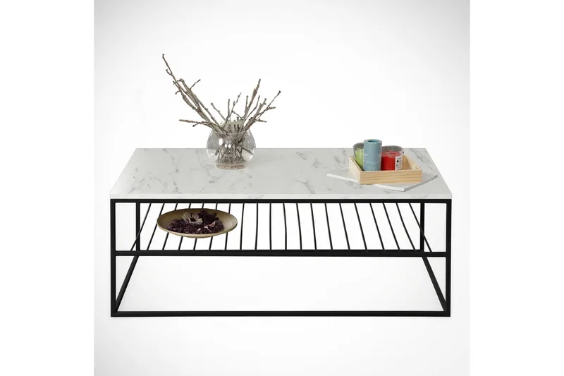 Falan Sofabord 95 cm med Opbevaring Hylde Marmormønster Ribb - Hvid/Sort - Møbler - Borde - Sofabord