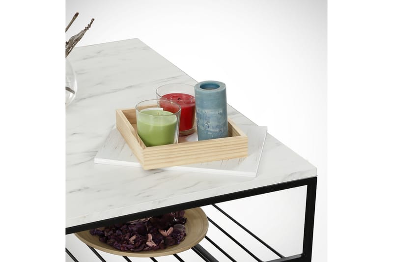 Falan Sofabord 95 cm med Opbevaring Hylde Marmormønster Ribb - Hvid/Sort - Møbler - Borde - Sofabord