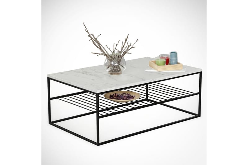 Falan Sofabord 95 cm med Opbevaring Hylde Marmormønster Ribb - Hvid/Sort - Møbler - Borde - Sofabord