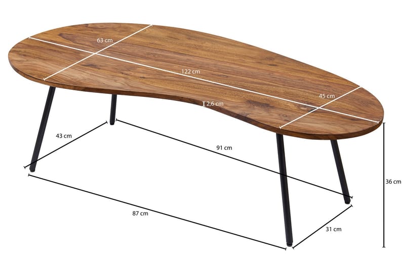Fanks Sofabord 122 cm Nyreformet - Massivt Træ/Sort - Sofabord