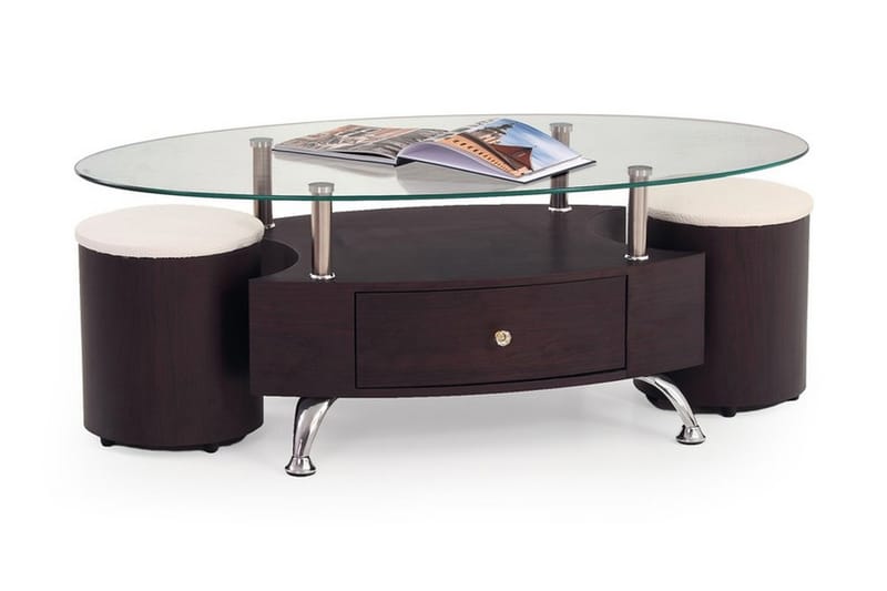 Feliciano Sofabord med Paller 120cm Ovalt Opbevaring Hylde+S - Glas/Kirsebærsbrun - Sofabord