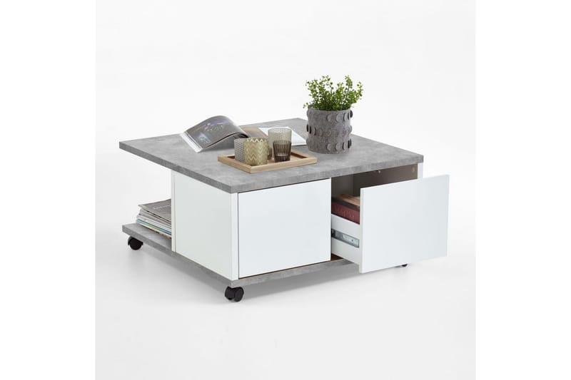 FMD mobilt sofabord 70 x 70 x 35,5 cm betongrå og blank hvid - Grå - Sofabord