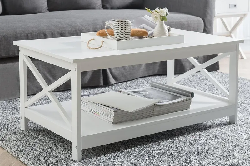 Fostia Sofabord 100 cm med Opbevaring Hylde - Hvid - Møbler - Borde - Sofabord