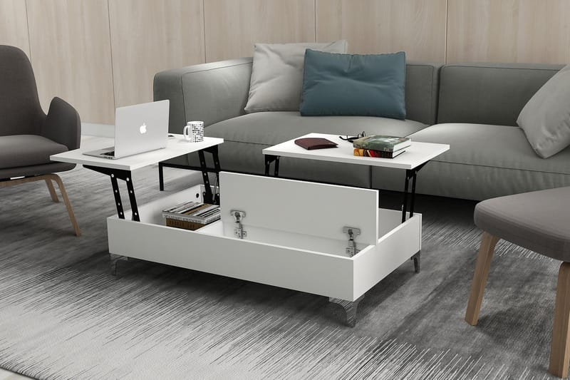 Furny Home Sofabord 121 cm Hæve/Sænke med Opbevaring - Hvid - Sofabord