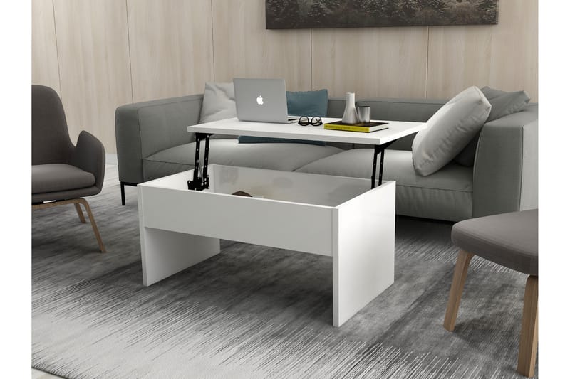 Furny Home Sofabord 90 cm Hæve/Sænke med Opbevaring - Hvid - Sofabord