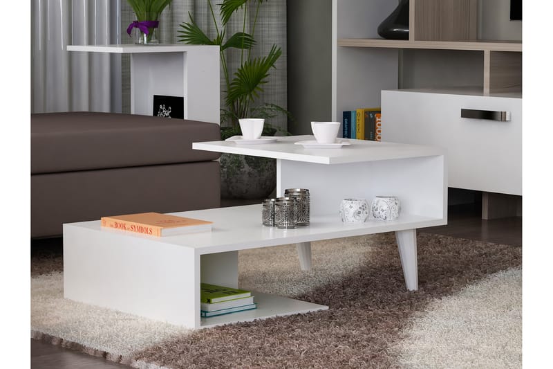 Furny Home Sofabord 90 cm med Opbevaring Hylder - Hvid - Sofabord