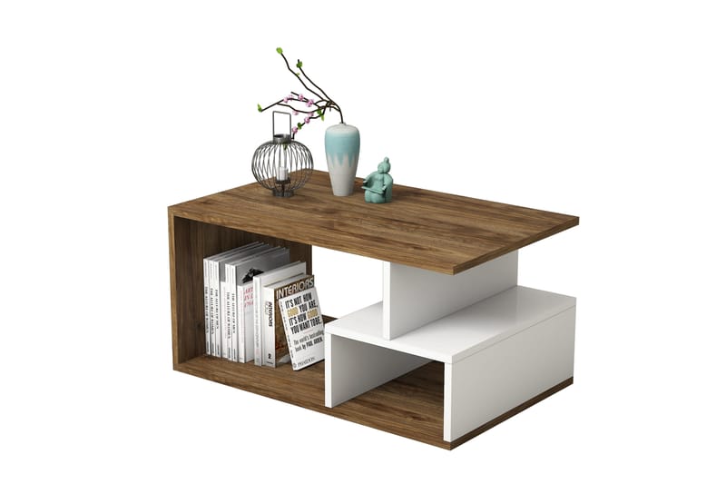 Garavelo Sofabord 90 cm med Opbevaring Hylder - Mørkebrun/Natur/Hvid - Møbler - Borde - Sofabord