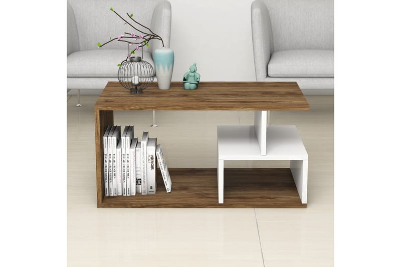 Garavelo Sofabord 90 cm med Opbevaring Hylder - Mørkebrun/Natur/Hvid - Sofabord