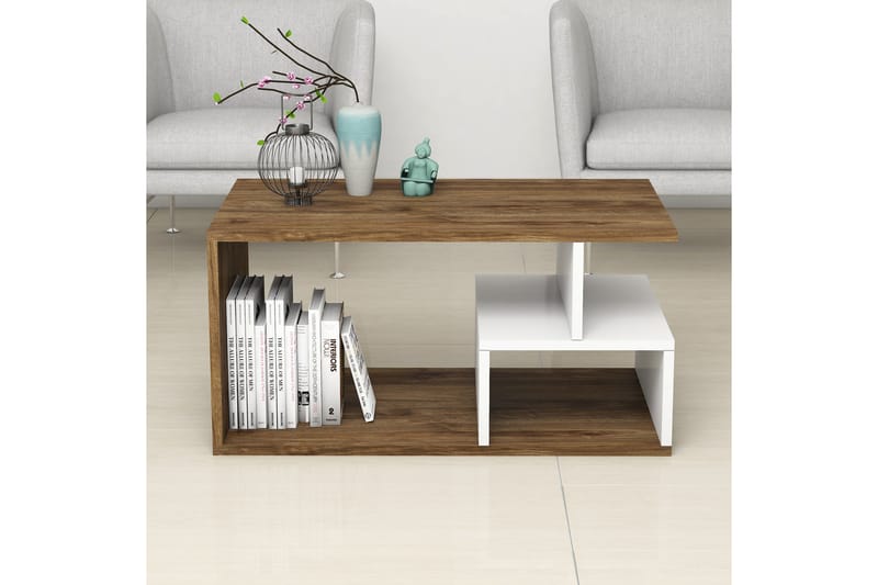 Garavelo Sofabord 90 cm med Opbevaring Hylder - Mørkebrun/Natur/Hvid - Møbler - Borde - Sofabord