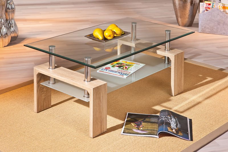 Gylle Sofabord 100 cm med Opbevaring Hylde - Glas/Hvid/Natur - Sofabord - Sofabord med opbevaring