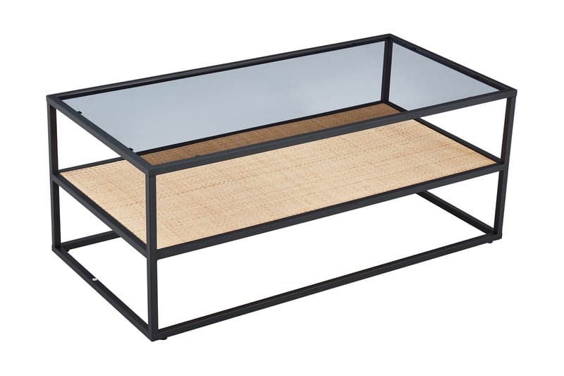 Hacksta Sofabord 120 cm med Opbevaring Hylde - Glas/Rattan/Sort - Sofabord