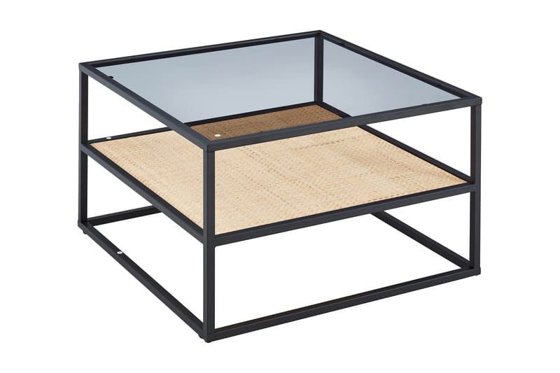 Hacksta Sofabord 75 cm med Opbevaring Hylde - Glas/Rattan/Sort - Sofabord