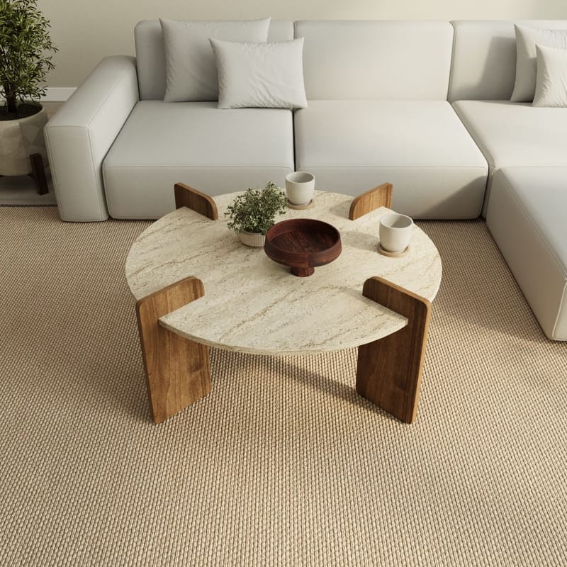 Sofabord Hanah Home Avoure (90 x 35 x 90 cm) Travertine Walnut - Travertin og valnød - Møbler - Borde - Sofabord