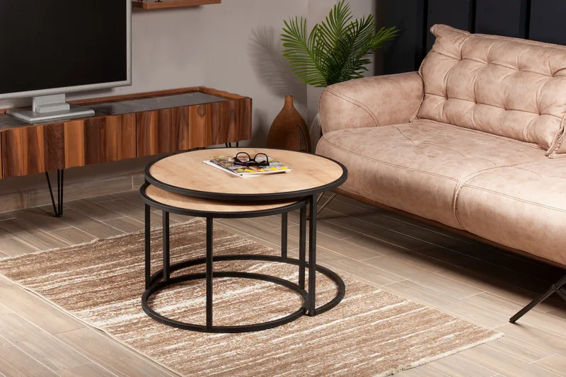 Hejde Indskudsbord 80 cm Rundt 2 Bord - Lysebrun/Sort - Møbler - Borde - Sofabord