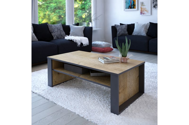 Hejde Sofabord 110 cm med Opbevaring Hylde - Brun/Grå - Sofabord