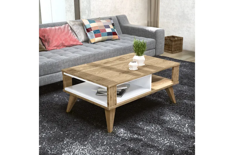 Hejde Sofabord 90 cm med Opbevaring Hylde - Brun/Hvid - Møbler - Borde - Sofabord