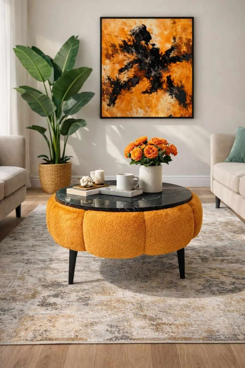 Sofabord Homitis Papatya 60 (Ø60 x H44 cm) Orange sort marmor - Møbler - Borde - Sofabord