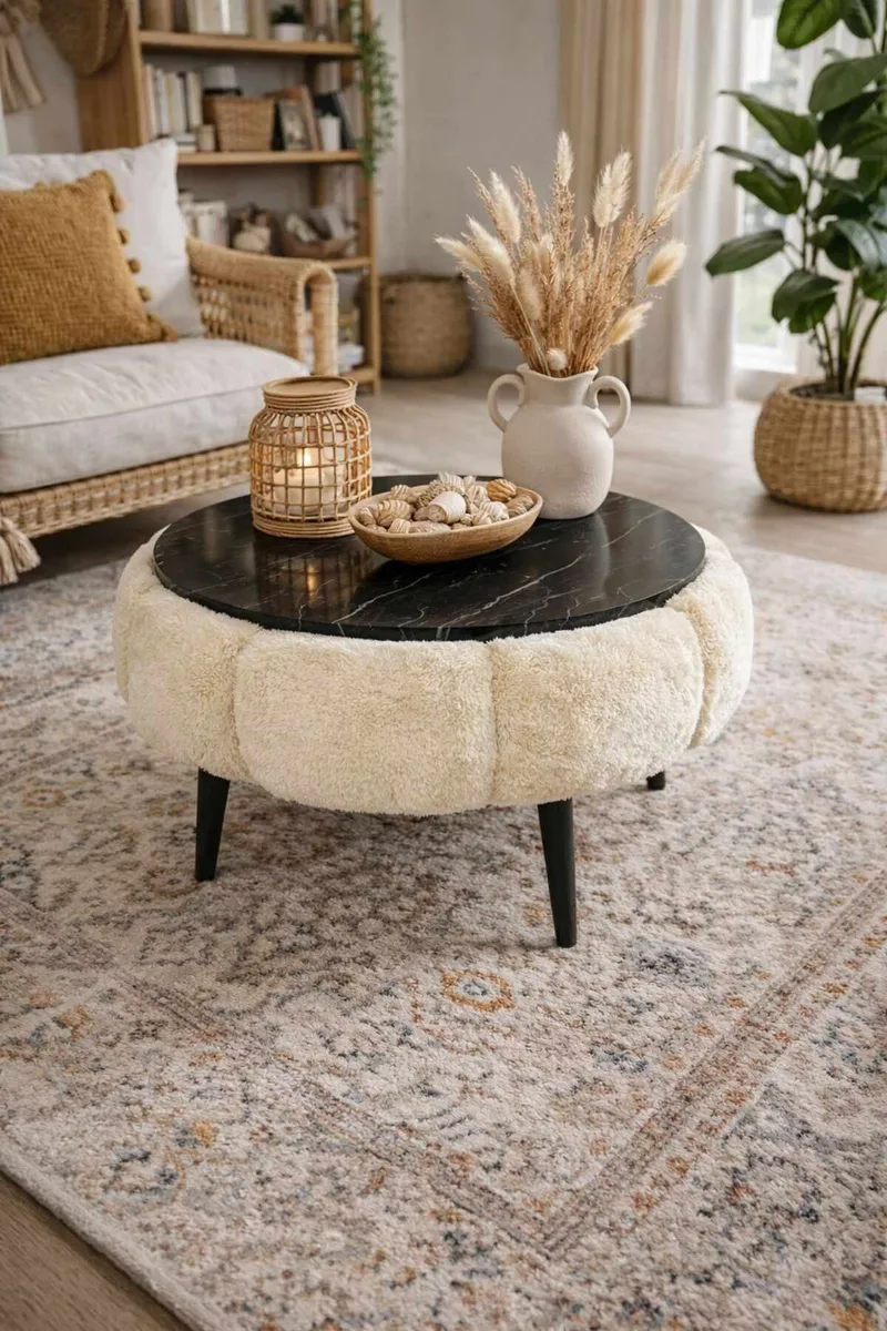 Sofabord Homitis Papatya 60 (Ø60 x H44 cm) Creme sort marmor - Møbler - Borde - Sofabord