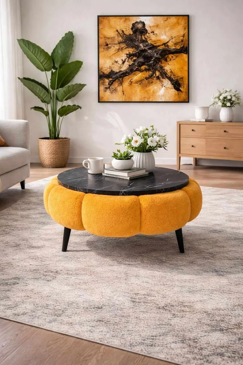 Sofabord Homitis Papatya 60 (Ø60 x H44 cm) Orange sort marmor - Møbler - Borde - Sofabord