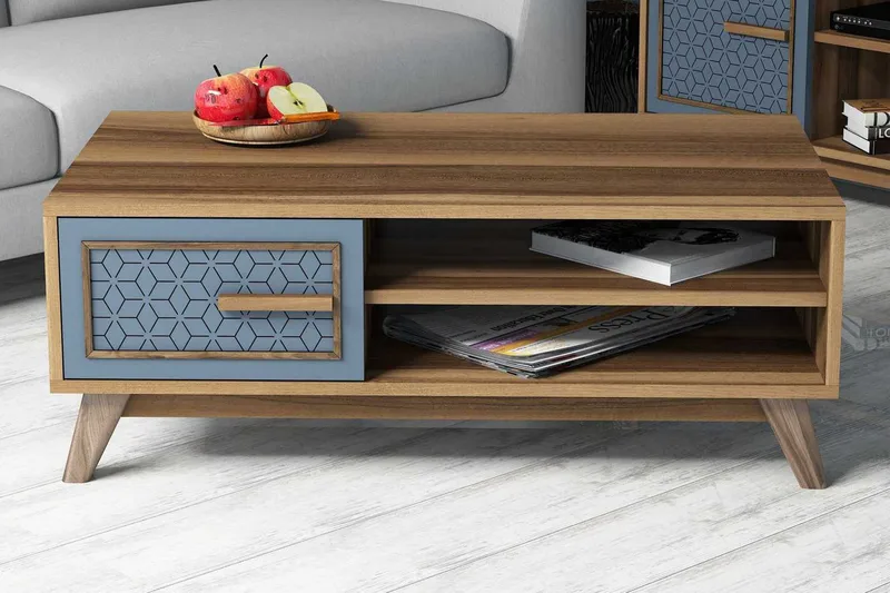 Hovdane Sofabord 105 cm m Opbevaring 2 Hylder+Skab Diamantmø, Brun/Blå