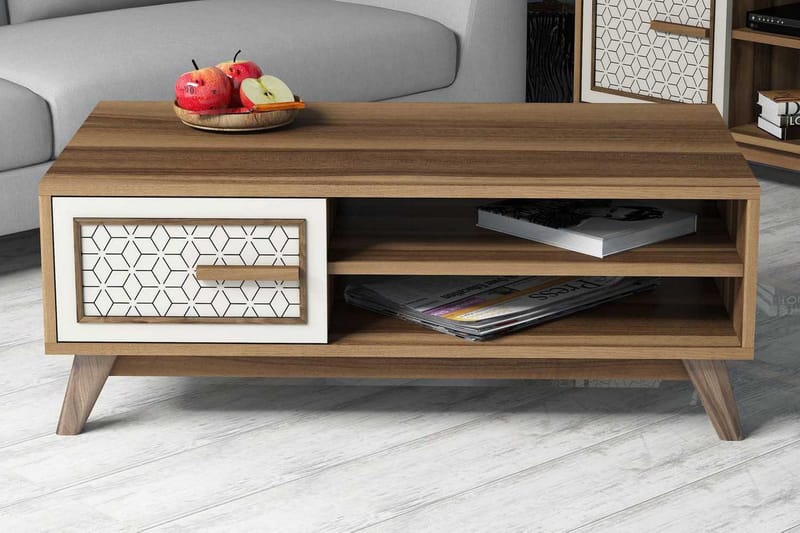 Hovdane Sofabord 105 cm m Opbevaring 2 Hylder+Skab Diamantmø - Brun/Hvid - Møbler - Borde - Sofabord