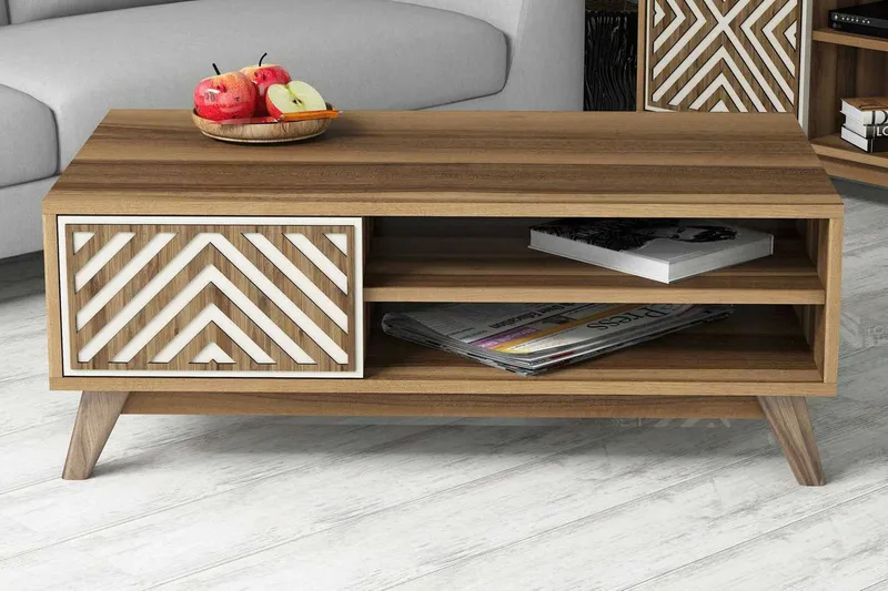 Hovdane Sofabord 105 cm med Opbevaring 2 Hylder + Skab Linje - Brun/Cremehvid - Møbler - Borde - Sofabord